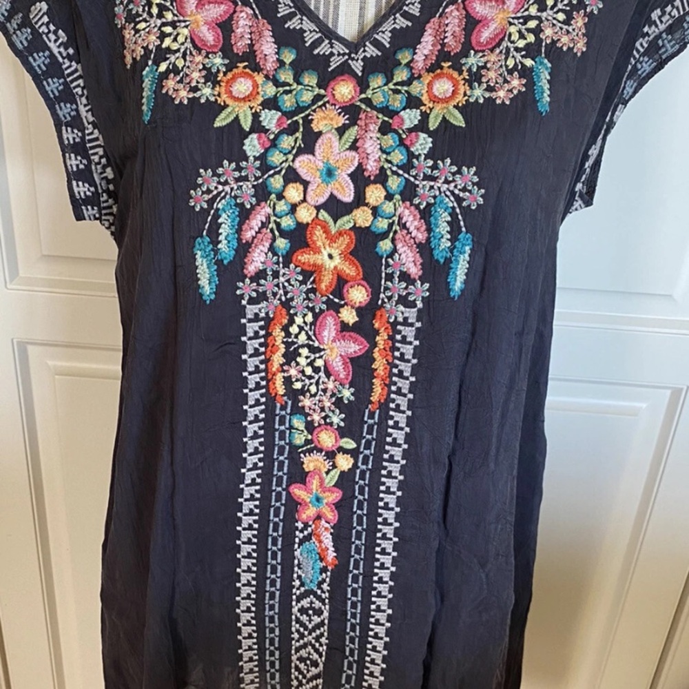 Johnny Was Embroidered navy tunic/dress with Colorful Floral Design-Small